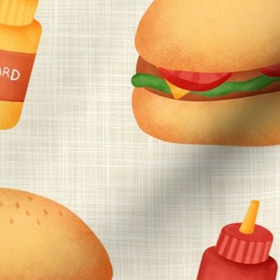 Large Scale Junk Food Hamburgers Cheeseburgers Ketchup and Mustard on Tan