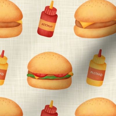 Medium Scale Junk Food Hamburgers Cheeseburgers Ketchup and Mustard on Tan