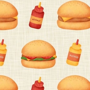 Medium Scale Junk Food Hamburgers Cheeseburgers Ketchup and Mustard on Tan