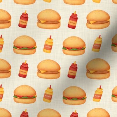 Small Scale Junk Food Hamburgers Cheeseburgers Ketchup and Mustard on Tan