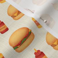 Small Scale Junk Food Hamburgers Cheeseburgers Ketchup and Mustard on Tan