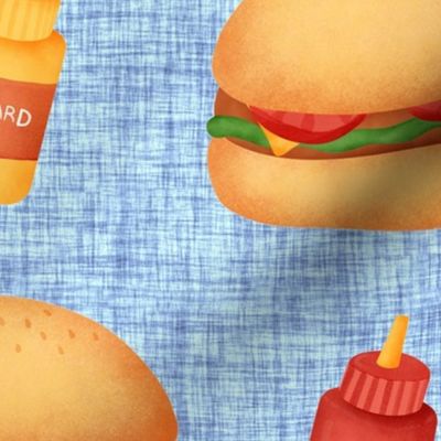 Large Scale Junk Food Hamburgers Cheeseburgers Ketchup and Mustard on Blue