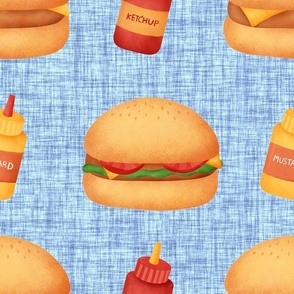 Large Scale Junk Food Hamburgers Cheeseburgers Ketchup and Mustard on Blue