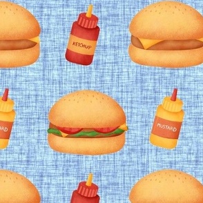 Medium Scale Junk Food Hamburgers Cheeseburgers Ketchup and Mustard on Blue