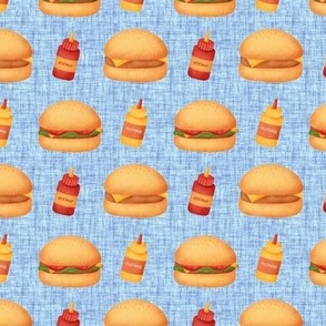 Small Scale Junk Food Hamburgers Cheeseburgers Ketchup and Mustard on Blue