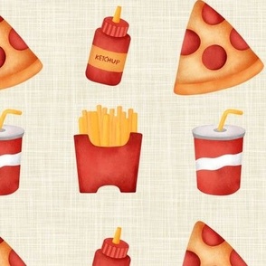 Medium Scale Junk Food Pepperoni Pizza Soda Pop French Fries and Ketchup  on Tan