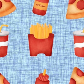 Large Scale Junk Food Pepperoni Pizza Soda Pop French Fries and Ketchup on Blue
