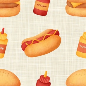 Large Scale Junk Food Hamburgers Cheeseburgers Hotdogs  Ketchup and Mustard on Tan