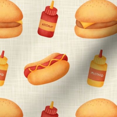 Medium Scale Junk Food Hamburgers Cheeseburgers Hotdogs  Ketchup and Mustard on Tan