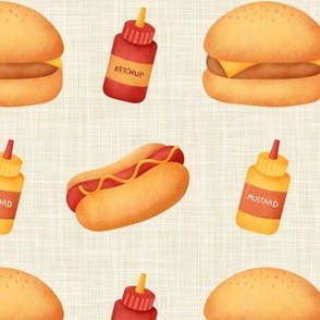 Medium Scale Junk Food Hamburgers Cheeseburgers Hotdogs  Ketchup and Mustard on Tan