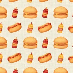Small Scale Junk Food Hamburgers Cheeseburgers Hotdogs  Ketchup and Mustard on Tan