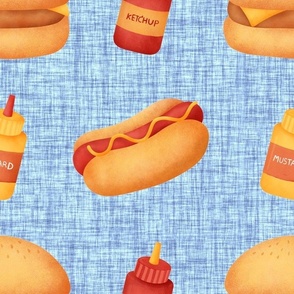 Large Scale Junk Food Hamburgers Cheeseburgers Hotdogs  Ketchup and Mustard on Blue