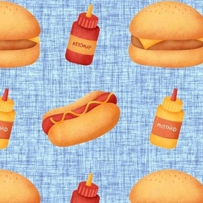 Medium Scale Junk Food Hamburgers Cheeseburgers Hotdogs  Ketchup and Mustard on Blue