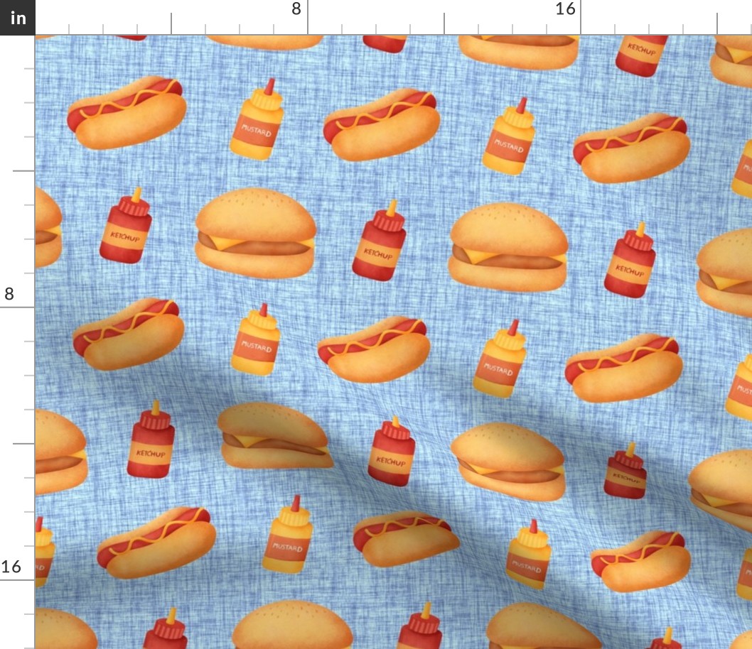 Medium Scale Junk Food Hamburgers Cheeseburgers Hotdogs  Ketchup and Mustard on Blue