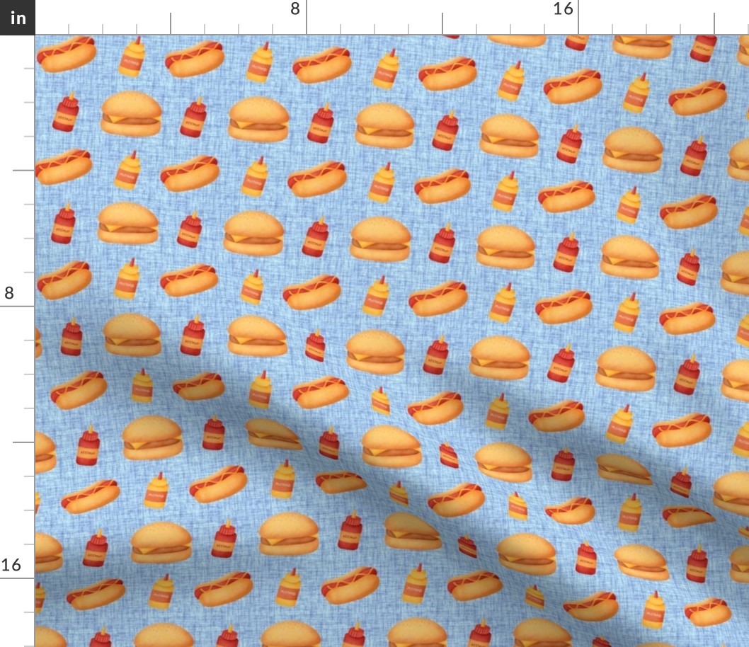 Small Scale Junk Food Hamburgers Cheeseburgers Hotdogs  Ketchup and Mustard on Blue