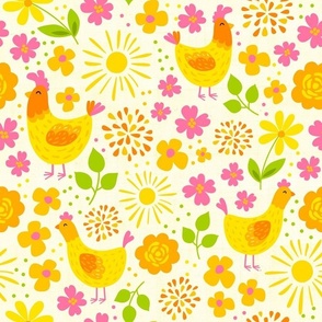 Large Scale Rise and Shine Chicken Floral Pink Orange Yellow Sunshine and Flowers