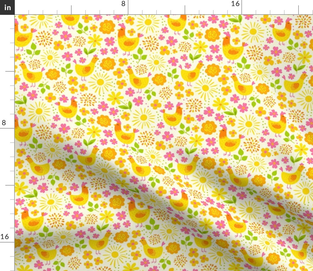 Medium Scale Rise and Shine Chicken Floral Pink Orange Yellow Sunshine and Flowers