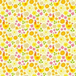 Small Scale Rise and Shine Chicken Floral Pink Orange Yellow Sunshine and Flowers