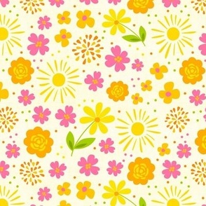 Medium Scale Rise and Shine Spring Floral Pink Orange Yellow Sunshine and Flowers