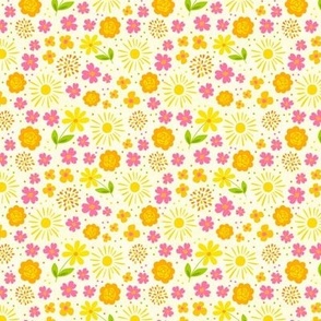 Small Scale Rise and Shine Spring Floral Pink Orange Yellow Sunshine and Flowers