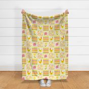 Bigger Scale Patchwork 6" Squares Rise and Shine Spring Chickens Pink Yellow Flowers Orange Green Stripes Polkadots