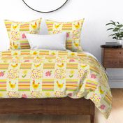 Bigger Scale Patchwork 6" Squares Rise and Shine Spring Chickens Pink Yellow Flowers Orange Green Stripes Polkadots