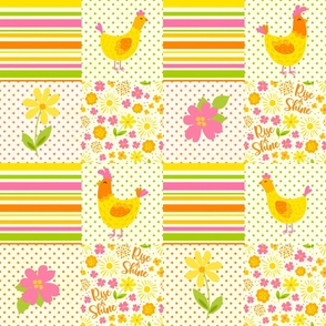 Bigger Scale Patchwork 6" Squares Rise and Shine Spring Chickens Pink Yellow Flowers Orange Green Stripes Polkadots