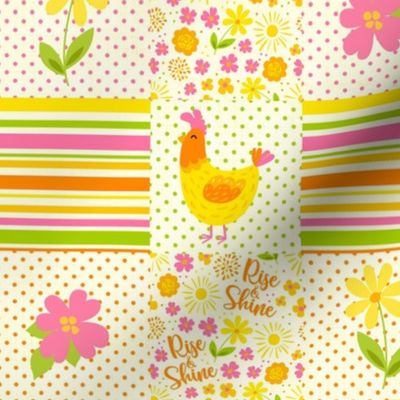 Smaller Scale Patchwork 3" Squares Rise and Shine Spring Chickens Pink Yellow Flowers Orange Green Stripes Polkadots