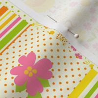 Smaller Scale Patchwork 3" Squares Rise and Shine Spring Chickens Pink Yellow Flowers Orange Green Stripes Polkadots