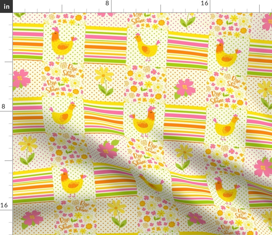 Smaller Scale Patchwork 3" Squares Rise and Shine Spring Chickens Pink Yellow Flowers Orange Green Stripes Polkadots