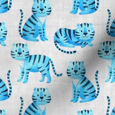 Medium Scale Blue Wild Tigers on Soft Grey