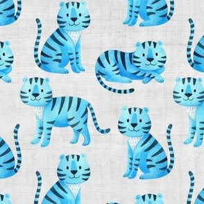 Medium Scale Blue Wild Tigers on Soft Grey