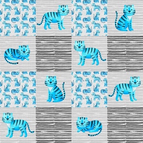 Bigger Scale Patchwork 6" Squares Blue Wild Tigers on Soft Grey for Cheater Quilt or Blanket