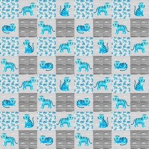 Smaller Scale Patchwork 3" Squares Blue Wild Tigers on Soft Grey for Cheater Quilt or Blanket
