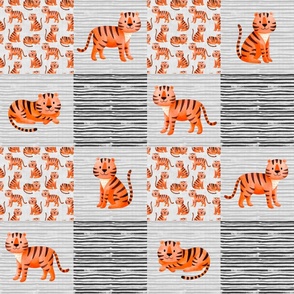 Bigger Scale Patchwork 6" Squares Orange Wild Tigers on Soft Grey for Cheater Quilt or Blanket