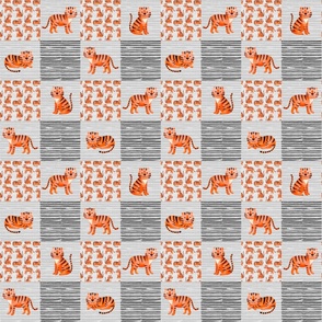 Smaller Scale Patchwork 3" Squares Orange Wild Tigers on Soft Grey for Cheater Quilt or Blanket