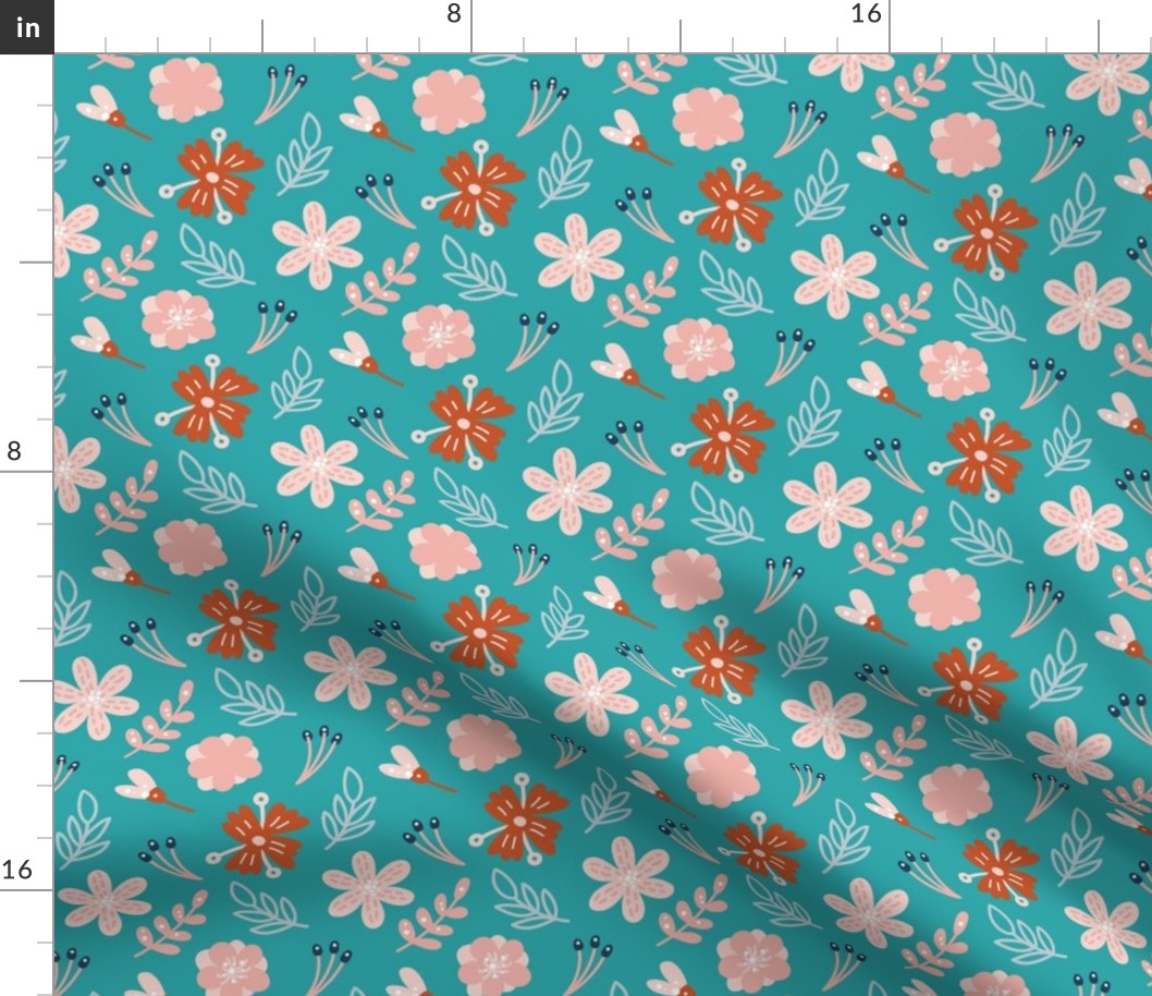 Large Scale Dainty Spring Flowers on Minty Turquoise
