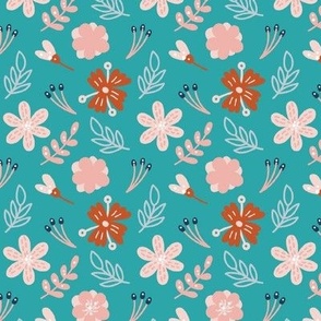 Medium Scale Dainty Spring Flowers on Minty Turquoise
