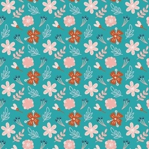 Small Scale Dainty Spring Flowers on Minty Turquoise