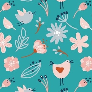 Large Scale Dainty Spring Flowers and Birds on Minty Turquoise