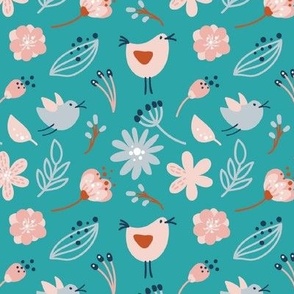 Medium Scale Dainty Spring Flowers and Birds on Minty Turquoise