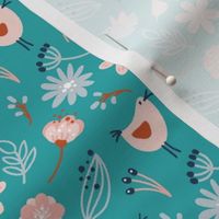 Small Scale Dainty Spring Flowers and Birds on Minty Turquoise