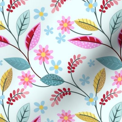 Medium Scale Springtime Leafy Floral Pink Turquoise Red Flowers and Vines