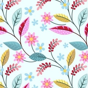 Medium Scale Springtime Leafy Floral Pink Turquoise Red Flowers and Vines