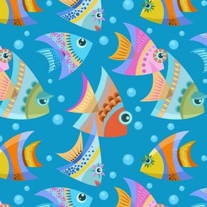 Medium Scale Colorful Angel Fish on Ocean Blue