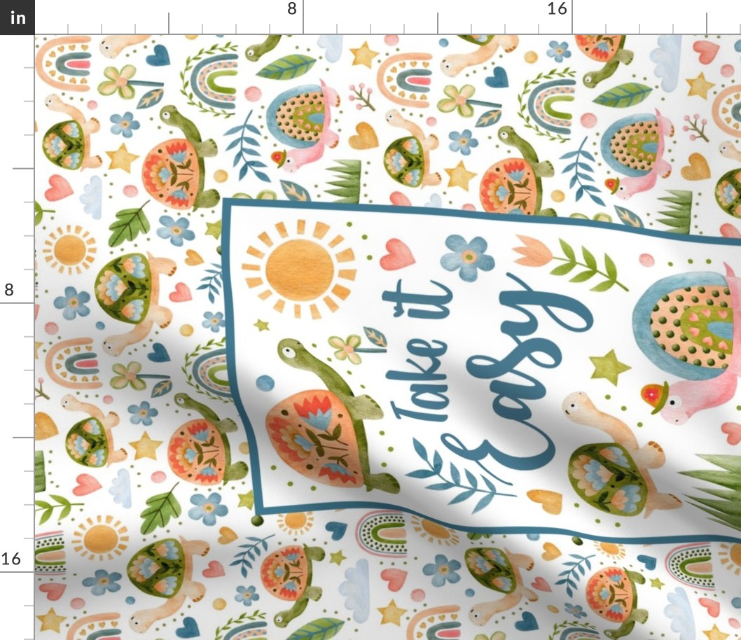 Large 27x18 Fat Quarter Panel Take it Easy Turtles Spring Flowers for Wall Art or Tea Towel