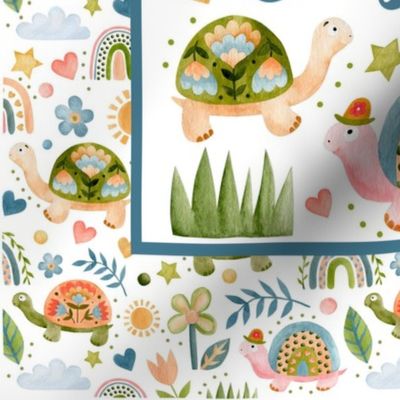 14x18 Panel Take It Easy Turtles Watercolor Spring Flowers for Garden Flag Hand Towel or Wall Hanging