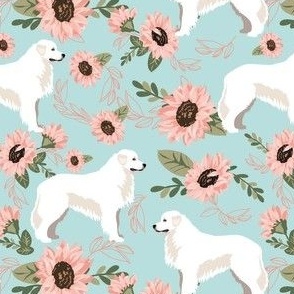 Great Pyrenees Dog Pink Sunflowers with mint background puppy dog fabric