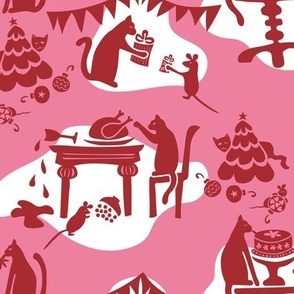 Kitty Cat's Holiday Traditions Toile: Red & Pink