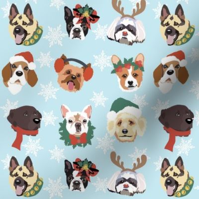 Holiday Dog Faces blue snowflakes Christmas Dog Fabric